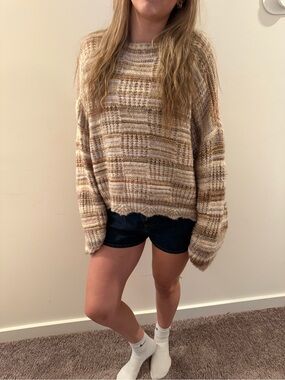 Altar'd State Cream & Brown Striped Knit Crewneck Sweater